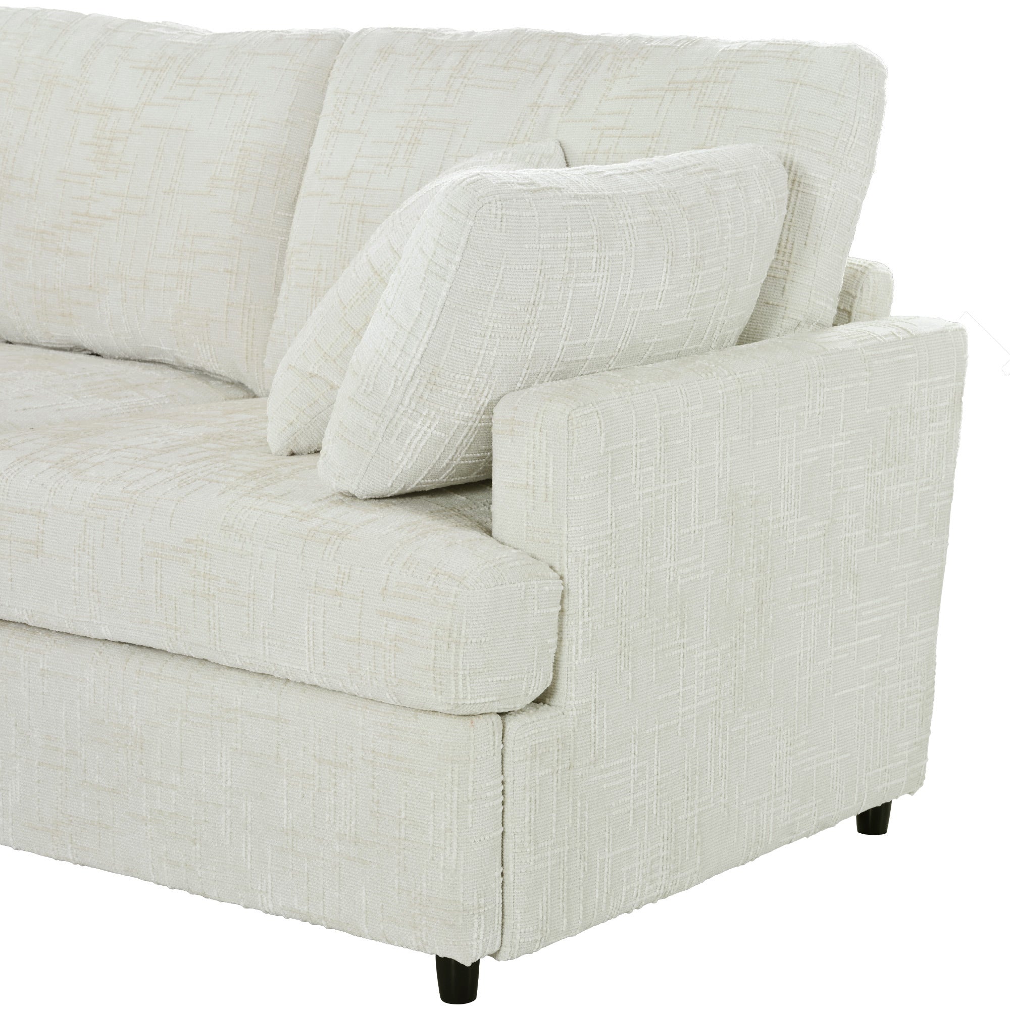Close-up of armrest and cushion on U-shaped sectional sofa, showcasing textured chenille fabric and supportive padding.