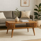 Solid Wood Slatted Oak-ish Coffee Table, Open Storage, Nordic Legs, Light Brown