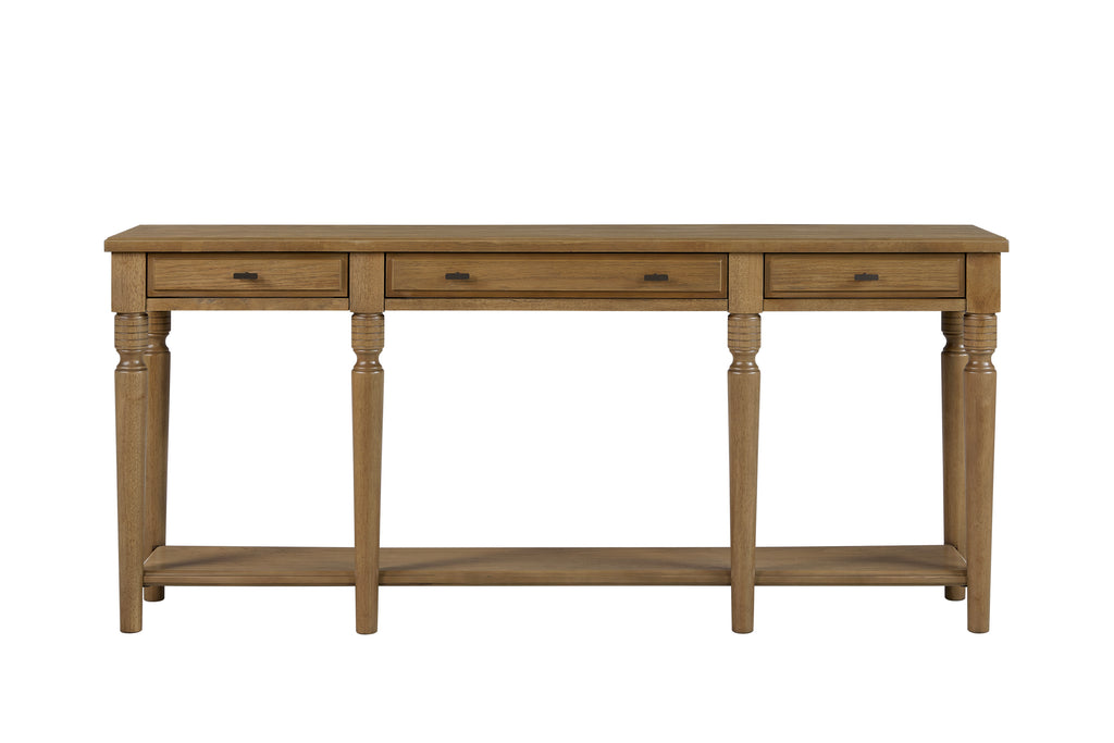 72-Inch Almond Console Table with Drawers and Open Storage Shelf