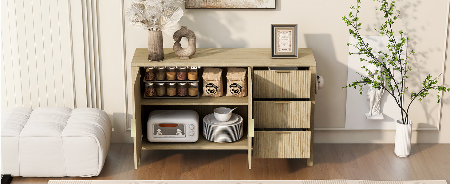 Open sideboard storage cabinet showing organized kitchen items, highlighting its spacious interior and 3 functional drawers.