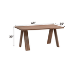 Sarha walnut dining table with dimensions 63x35x30 inches. Spacious tabletop ideal for family meals.