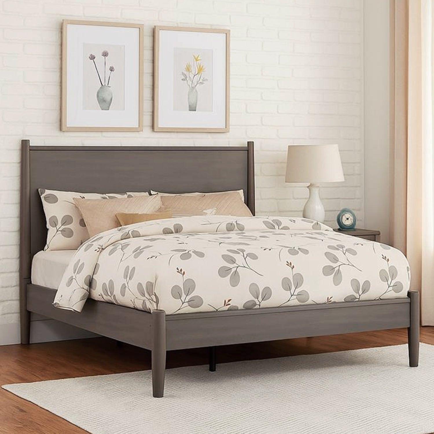 Queen Size Wooden Platform Bed in Gray Finish.