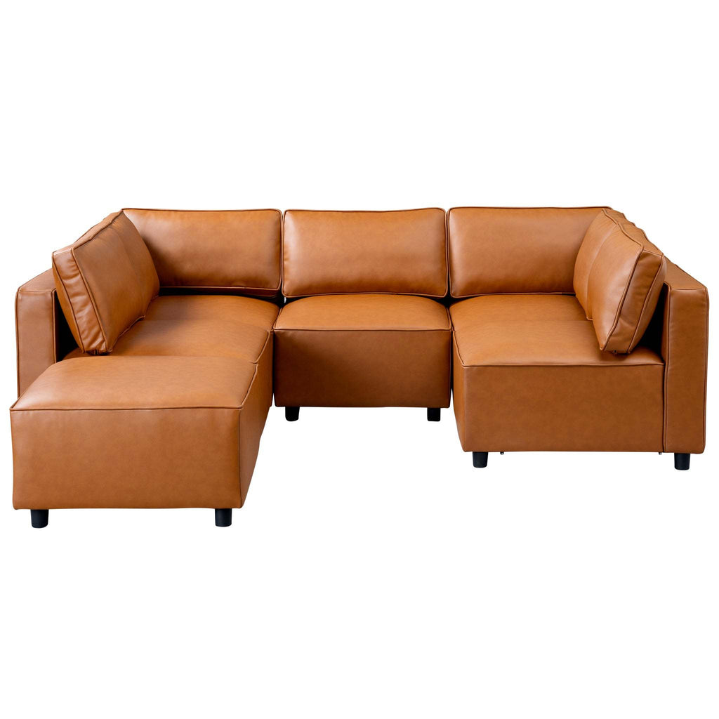 Cognac vegan leather sectional sofa with a modern modular design, foam-filled seat cushions, and sleek black legs.