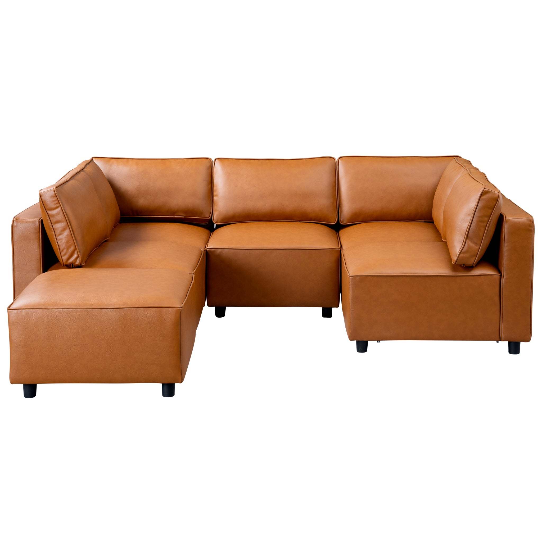 Cognac vegan leather sectional sofa with a modern modular design, foam-filled seat cushions, and sleek black legs.