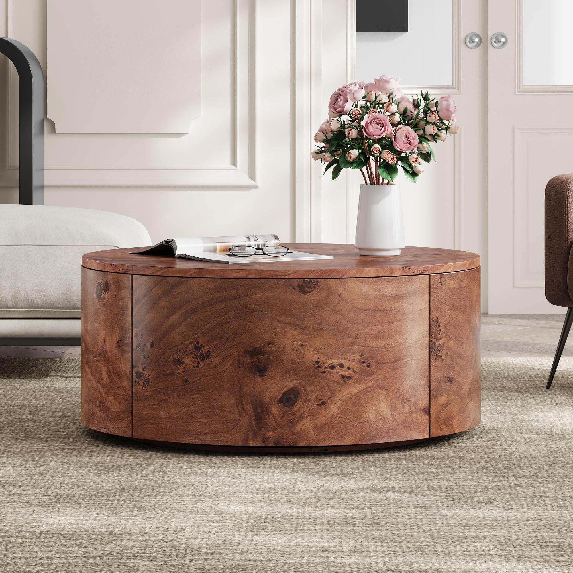 Burl Wood Coffee Table with Drawers - 360° Rotating Top.