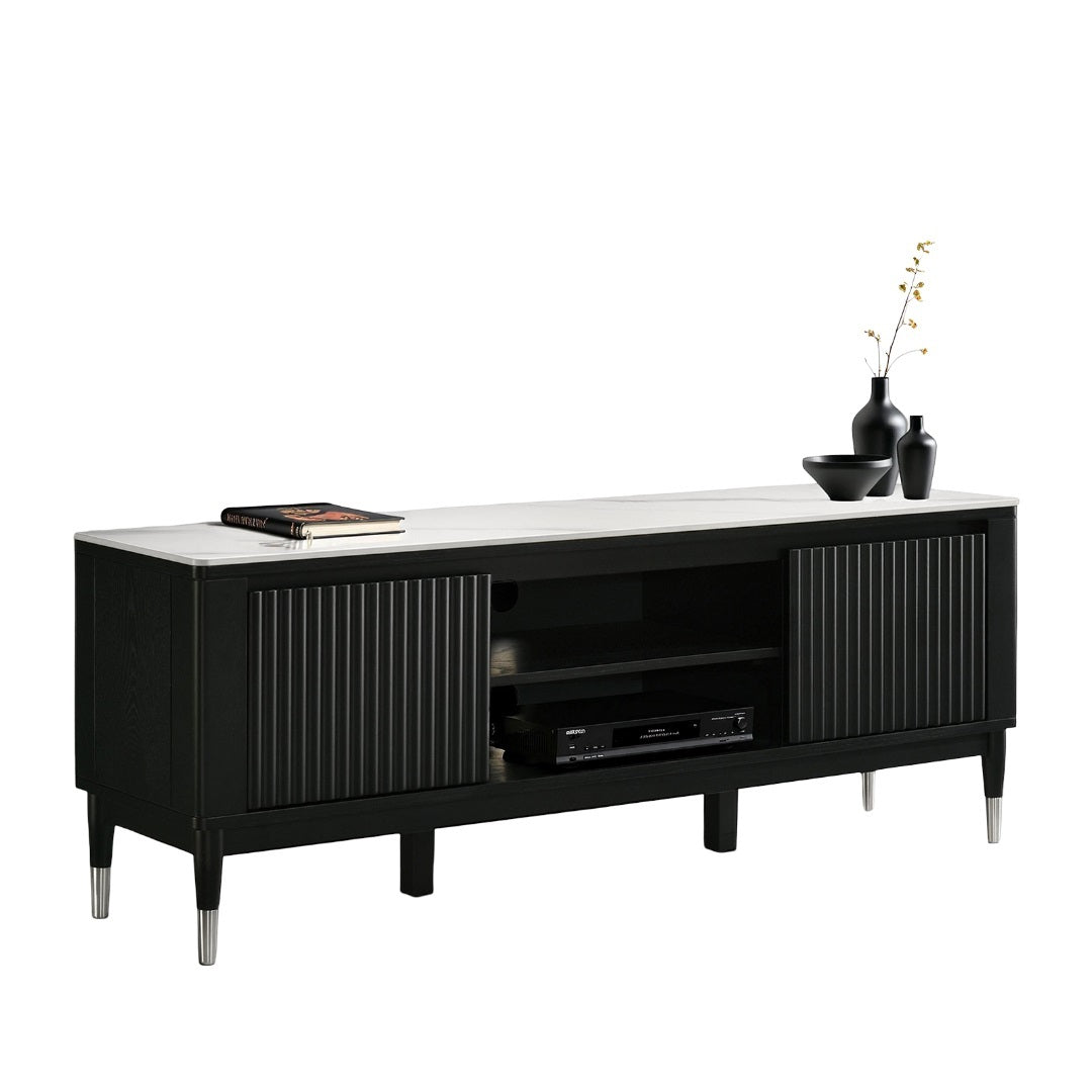 Contemporary TV Console - Sintered Stone top with black finish, open shelving, and silver-capped legs, perfect for modern entertainment spaces.