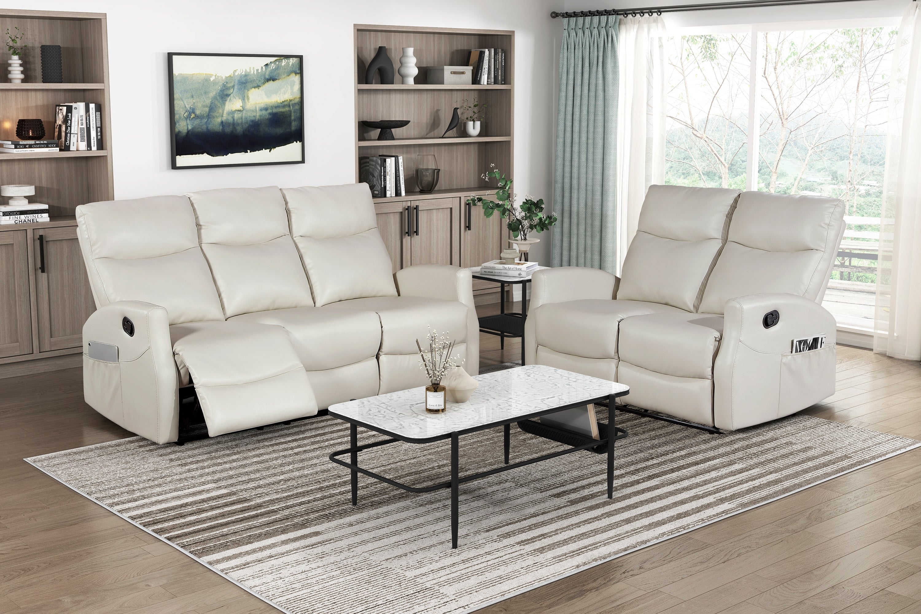 Contemporary 2pc Beige Faux Leather Reclining Sofa and Loveseat Set