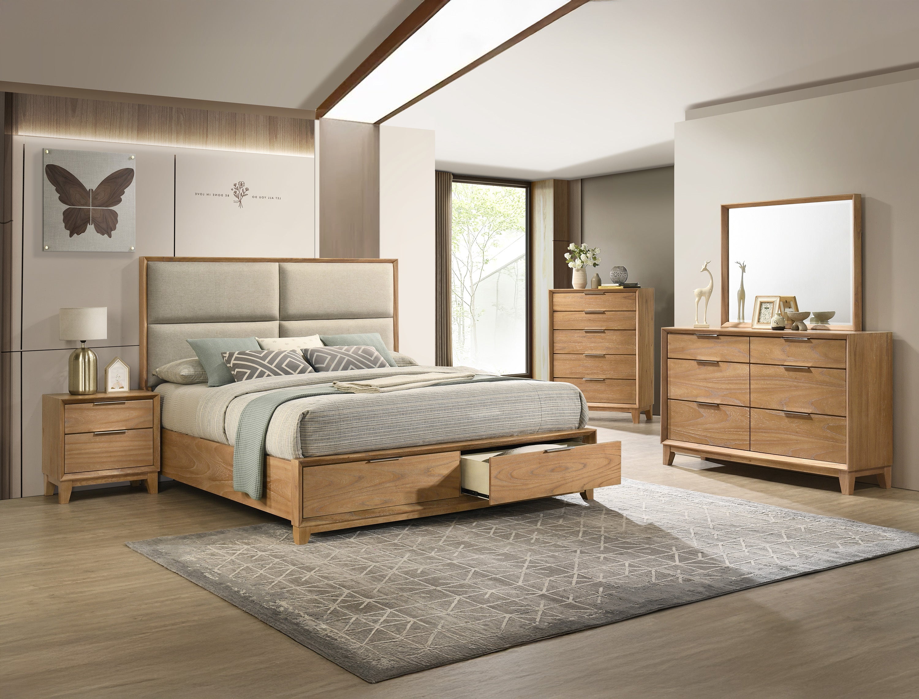 Contemporary Tall Wood Chest - Bedroom Furniture in a full bedroom suite with coordinated dresser, bed, and nightstand in natural wood finish.