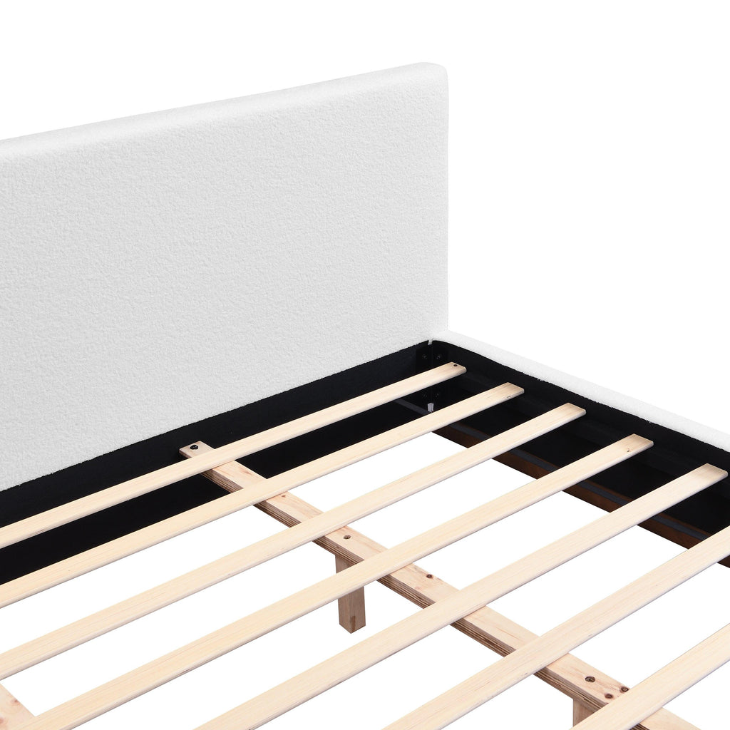White Boucle Upholstered Bed - King Size with Solid Wood Frame.