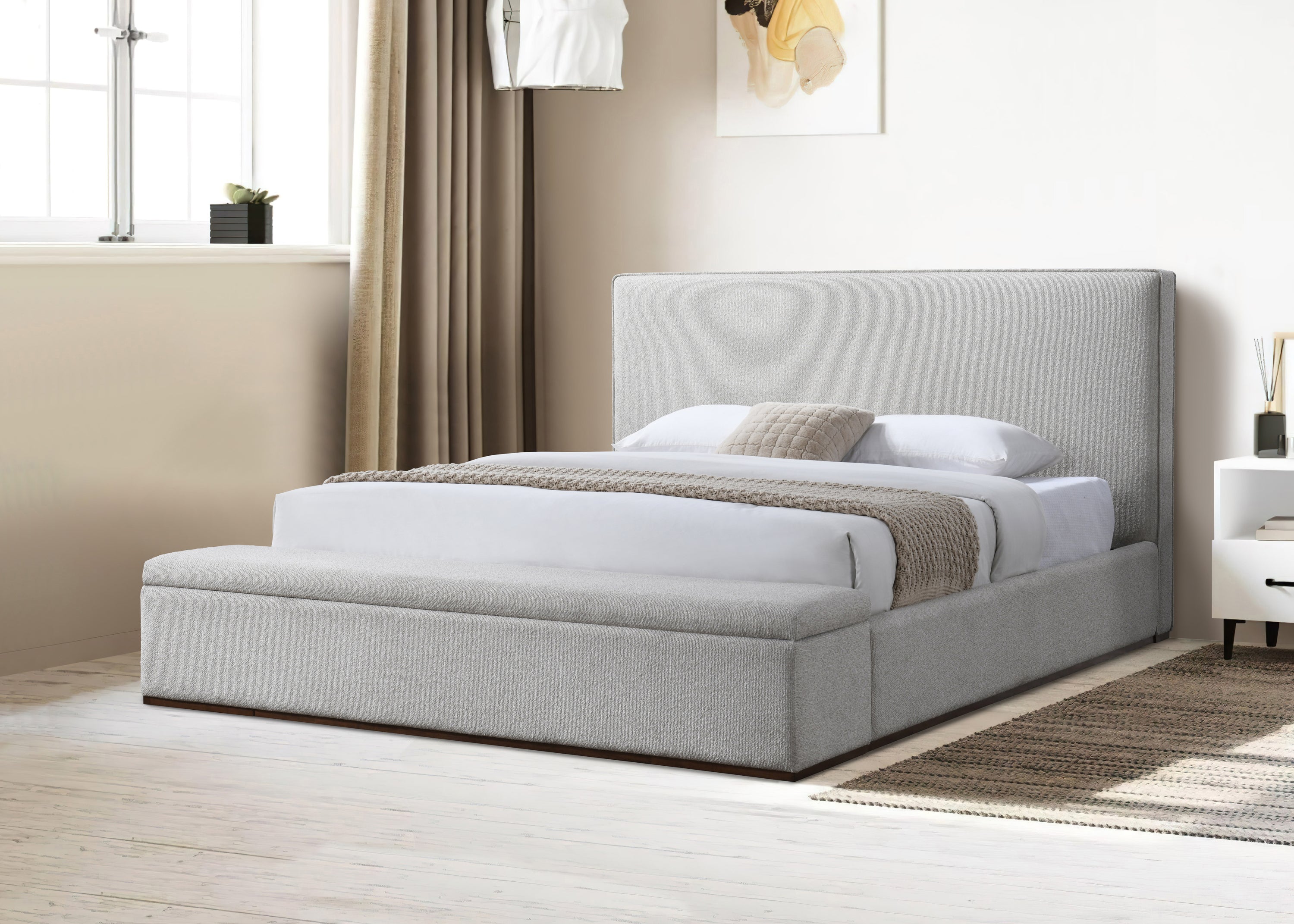 Boxter Beige King Bed with Storage - Elegant Design shown in a modern bedroom with linen upholstery and cozy bedding.