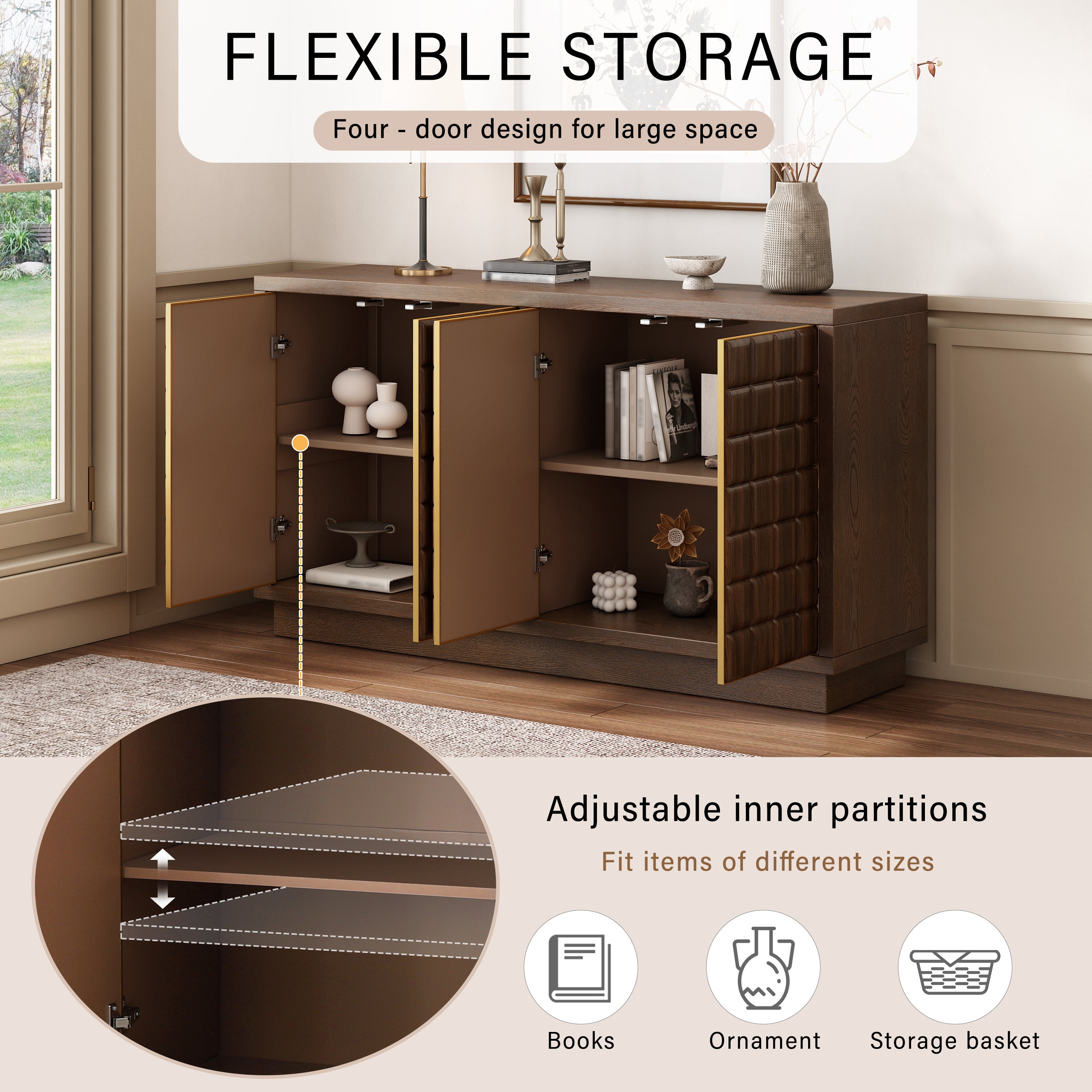 4-door cabinet with adjustable inner partitions, offering flexible storage for books, ornaments, and baskets.