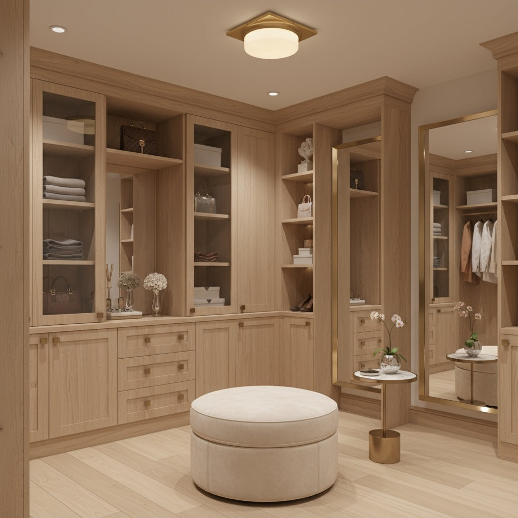 Antique Brass LED Flush Mount Light Fixture mounted in a luxury walk-in closet, complementing wood cabinetry with soft, ambient lighting.