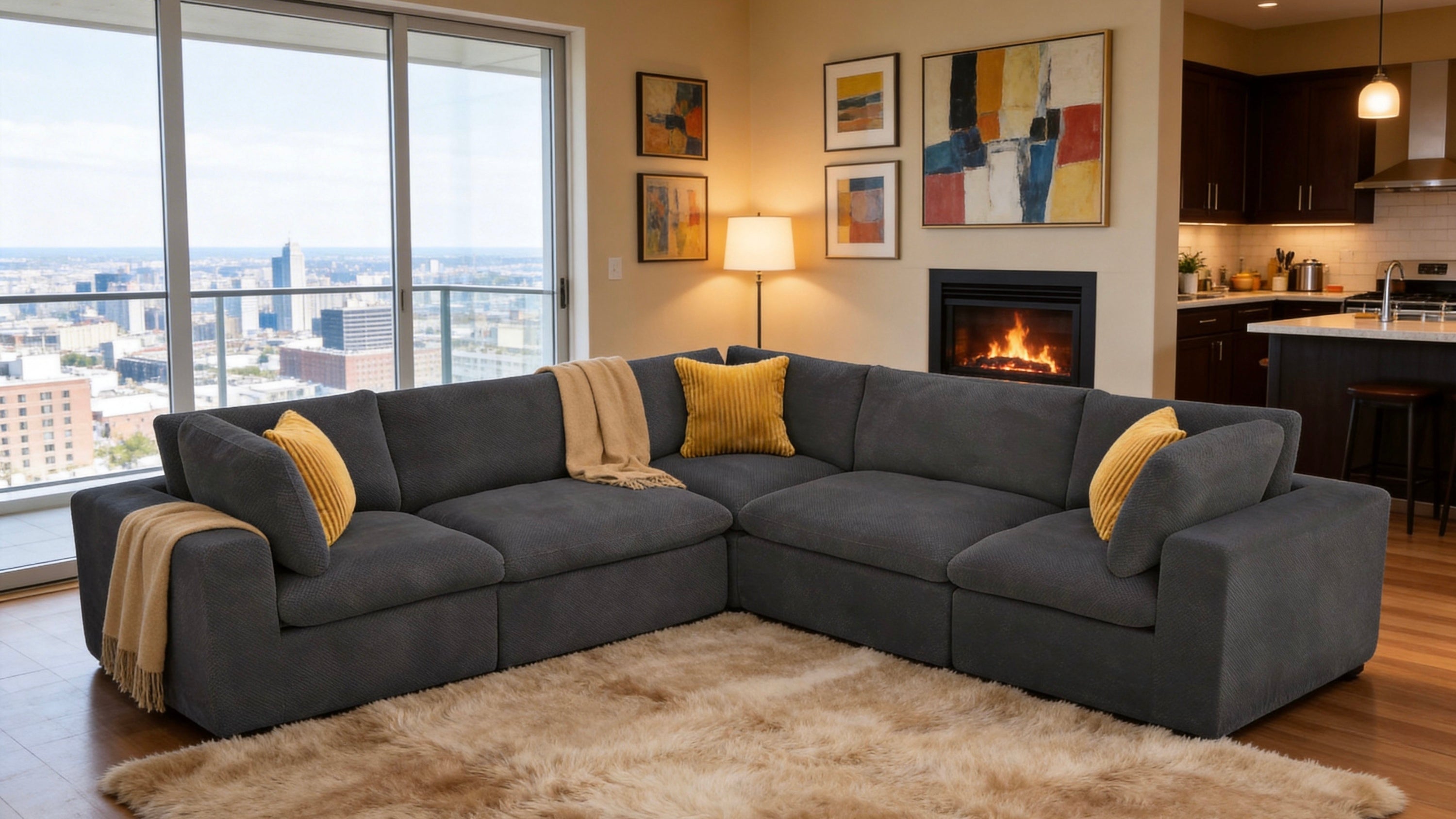 Dark gray, deep-seated modular sectional sofa with textured upholstery, gold toss pillows, and matching throws.