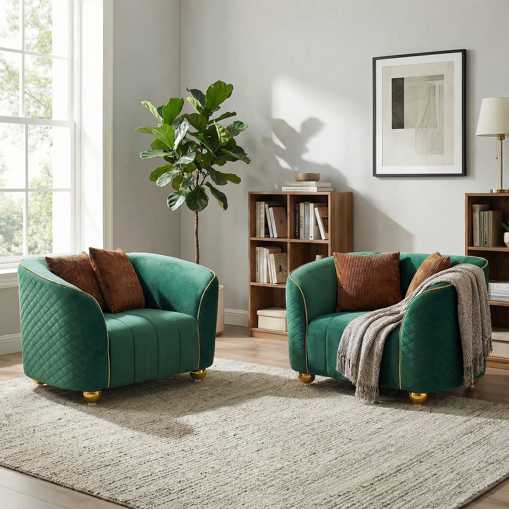 Retro Green Armchair with Gold Trim for Stylish Living Room.
