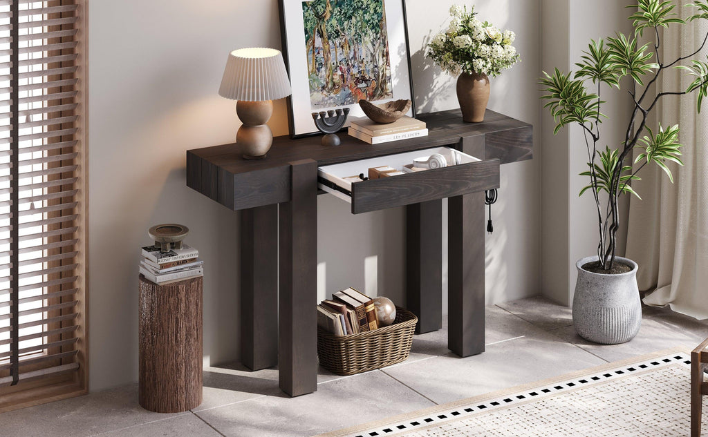 Rustic Console Table with Power Outlet and Hidden Drawer.