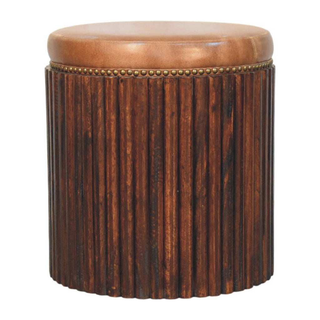 Solid Wood Leather Accent Stool for Modern Bedrooms.