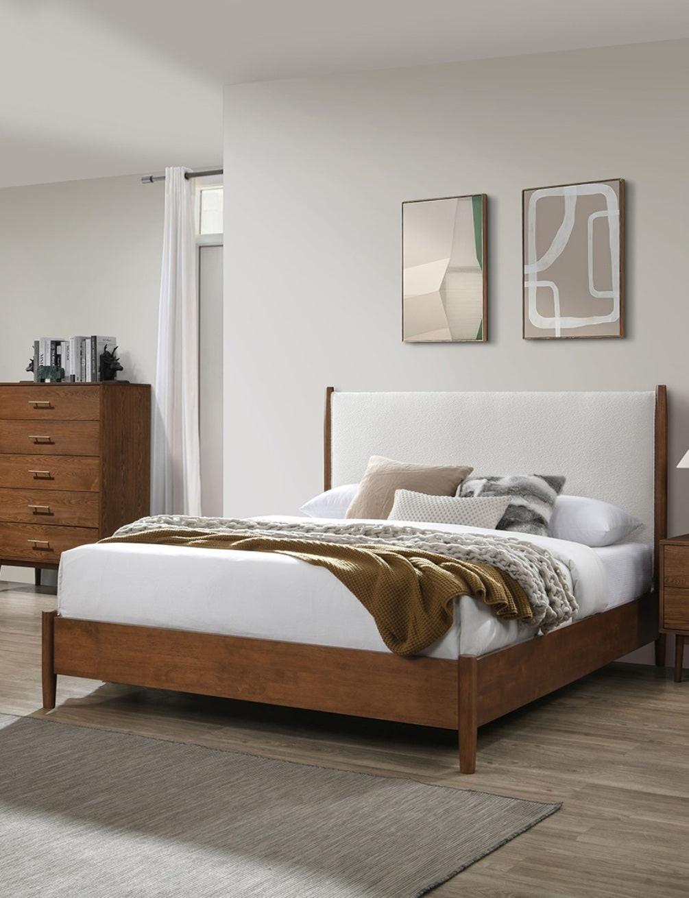 Full Size Mid-Century Modern Bed with Walnut Color Panel Headboard.