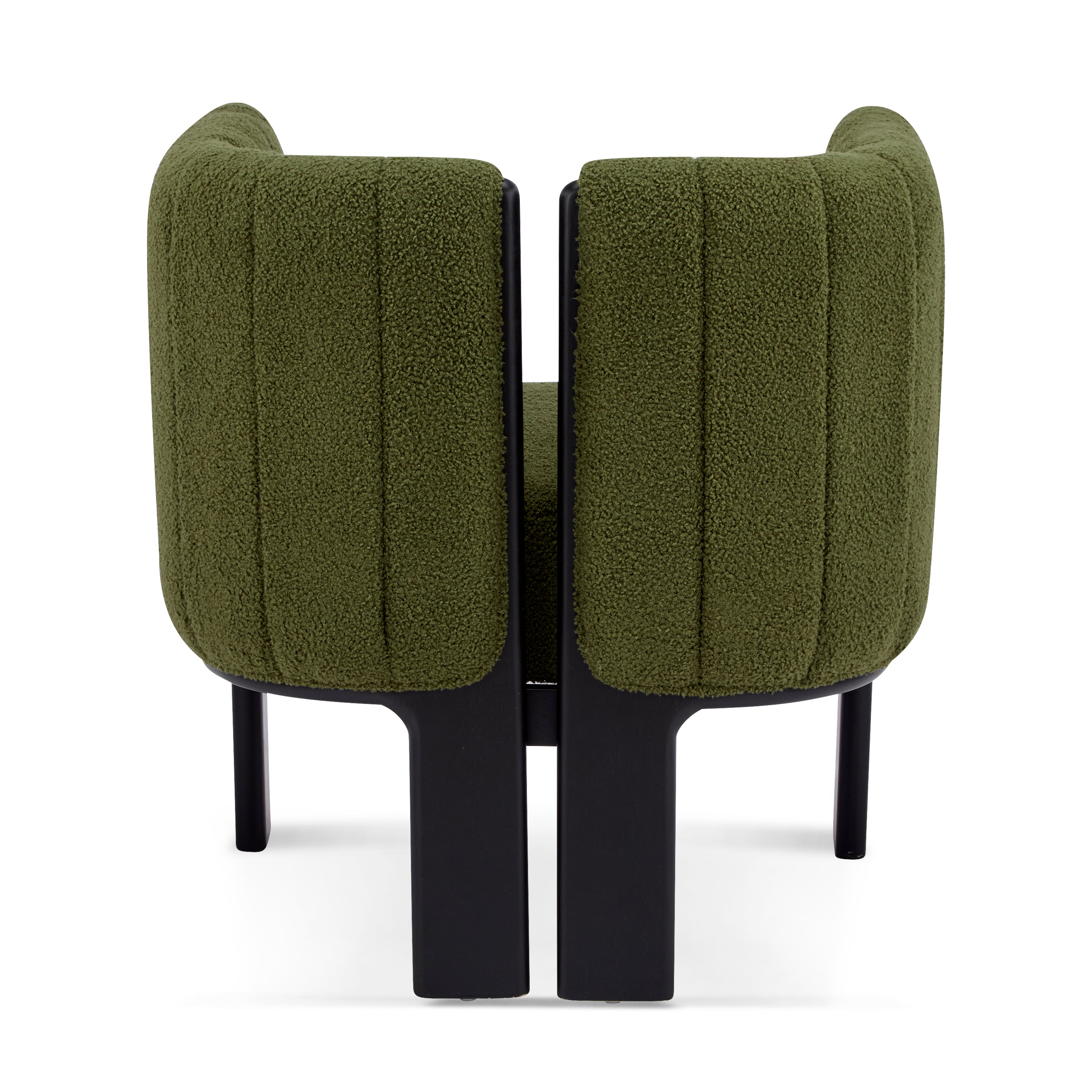 Rear view of a modern olive green dining chair with black rubber wood frame, emphasizing its curved and padded backrest.