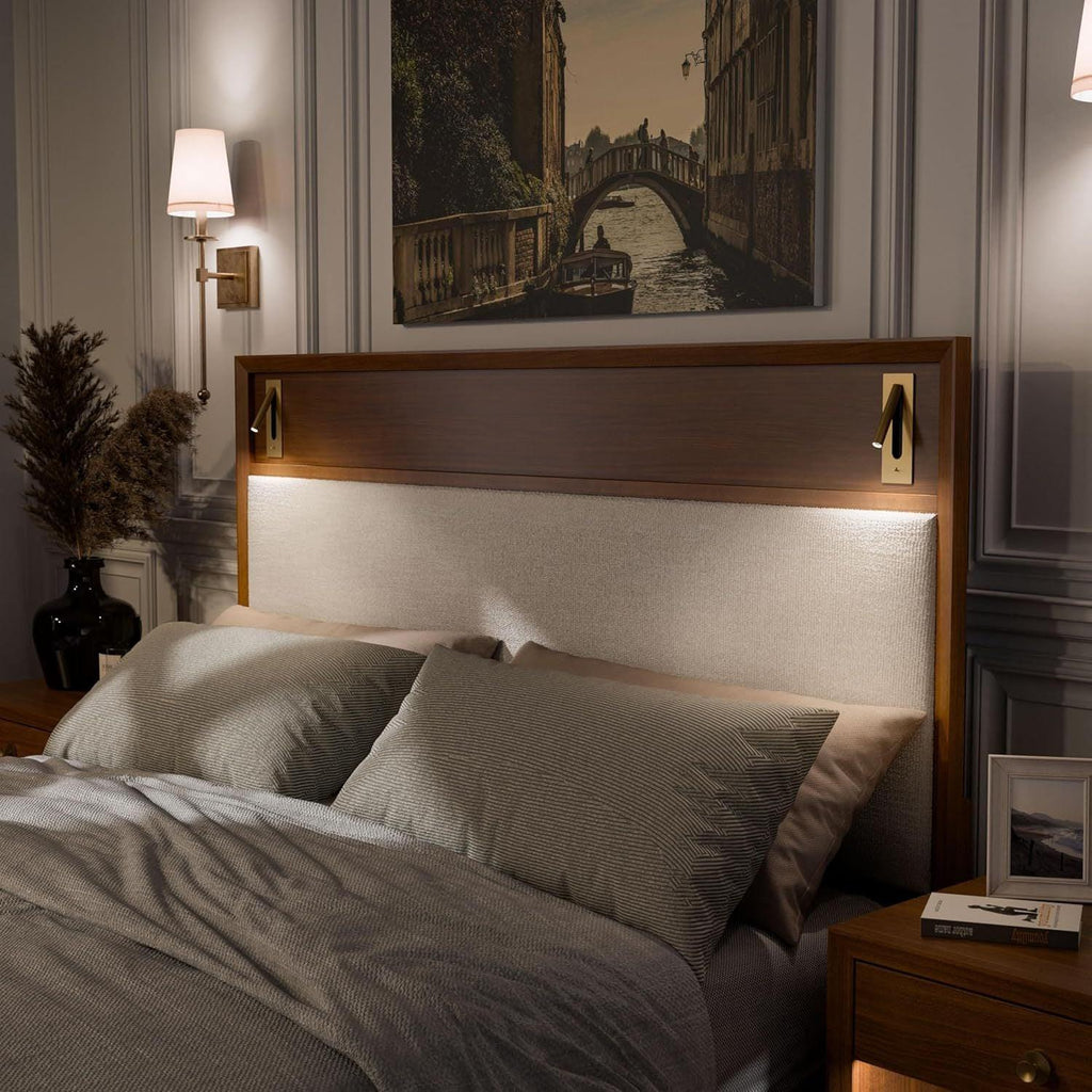 Mid-Century Modern King Size Bed with Upholstered Headboard.