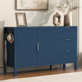 Modern navy sideboard storage with drawers and hooks, ideal for entryways or living rooms. Features wave-pattern doors and sleek metal handles.