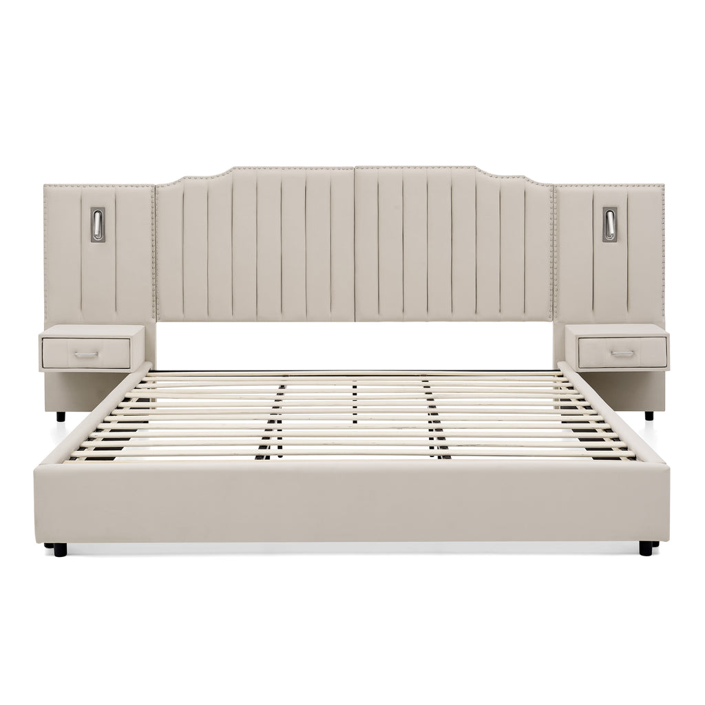 King upholstered bed frame with vertical stripe headboard, slatted base, and built-in nightstands in neutral beige finish.