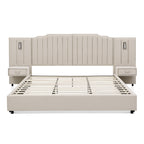 King upholstered bed frame with vertical stripe headboard, slatted base, and built-in nightstands in neutral beige finish.
