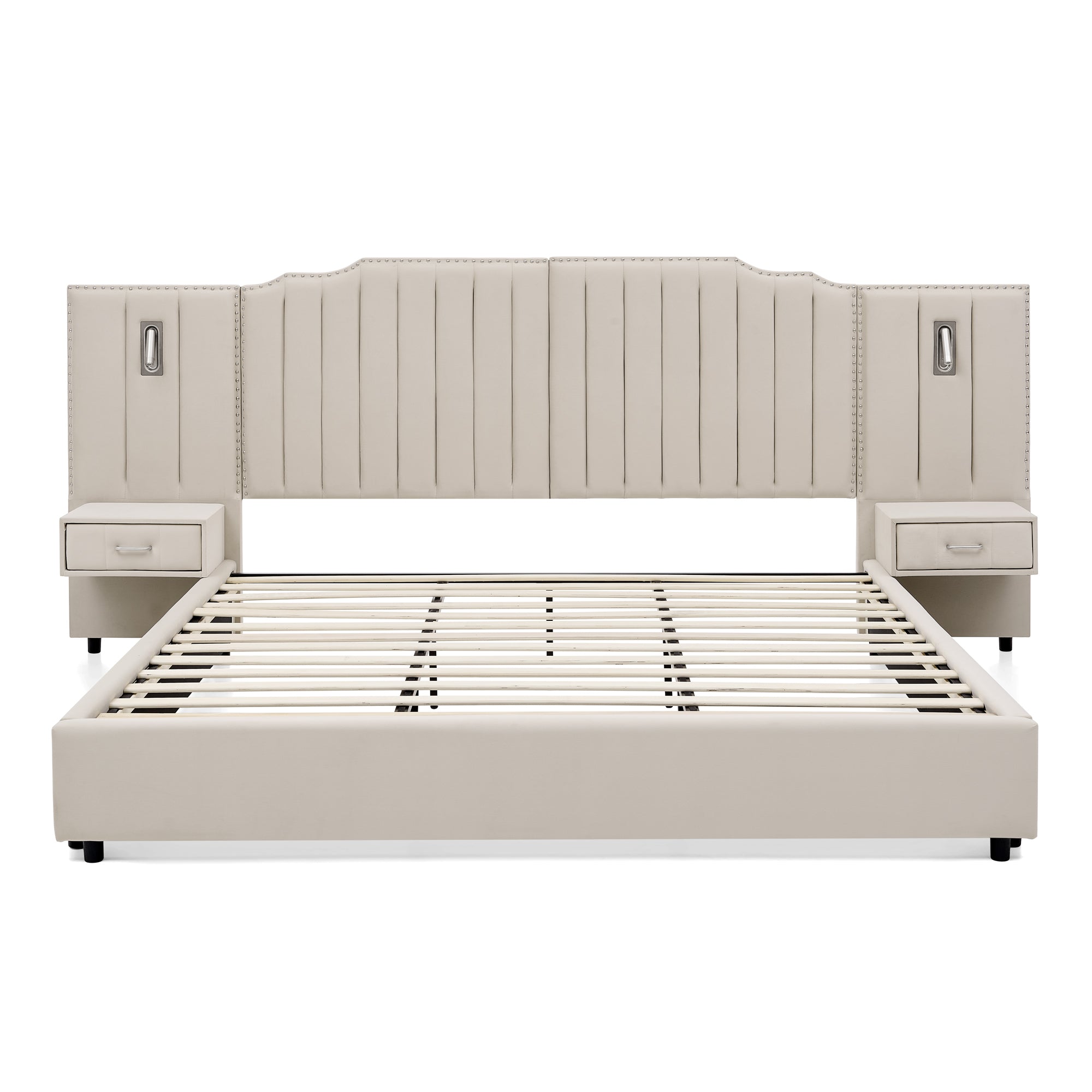 King upholstered bed frame with vertical stripe headboard, slatted base, and built-in nightstands in neutral beige finish.