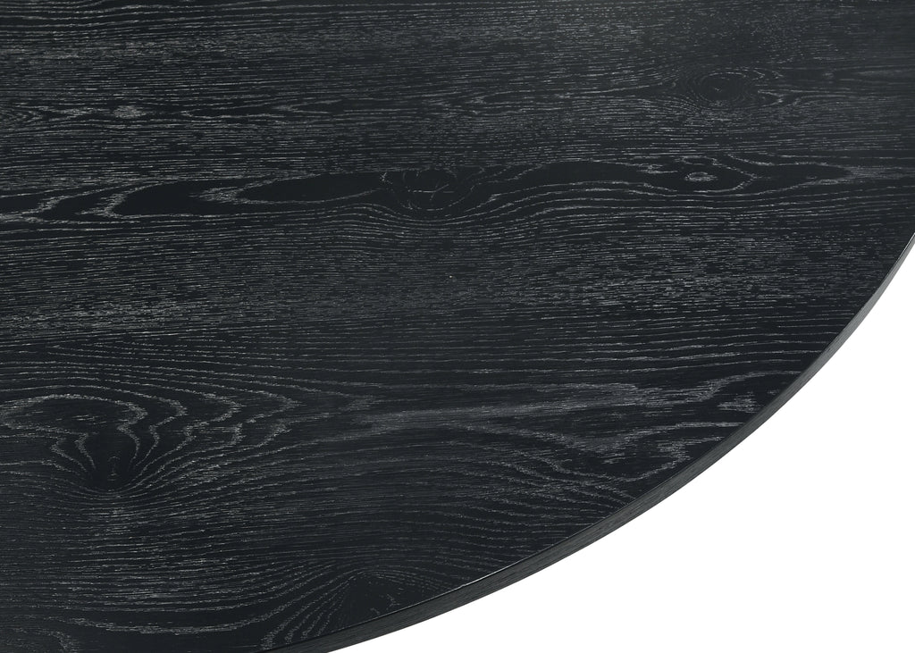 Close-up of Jasper Dining Set - Black Round Table top. Showcases textured wood grain finish for a modern rustic look.