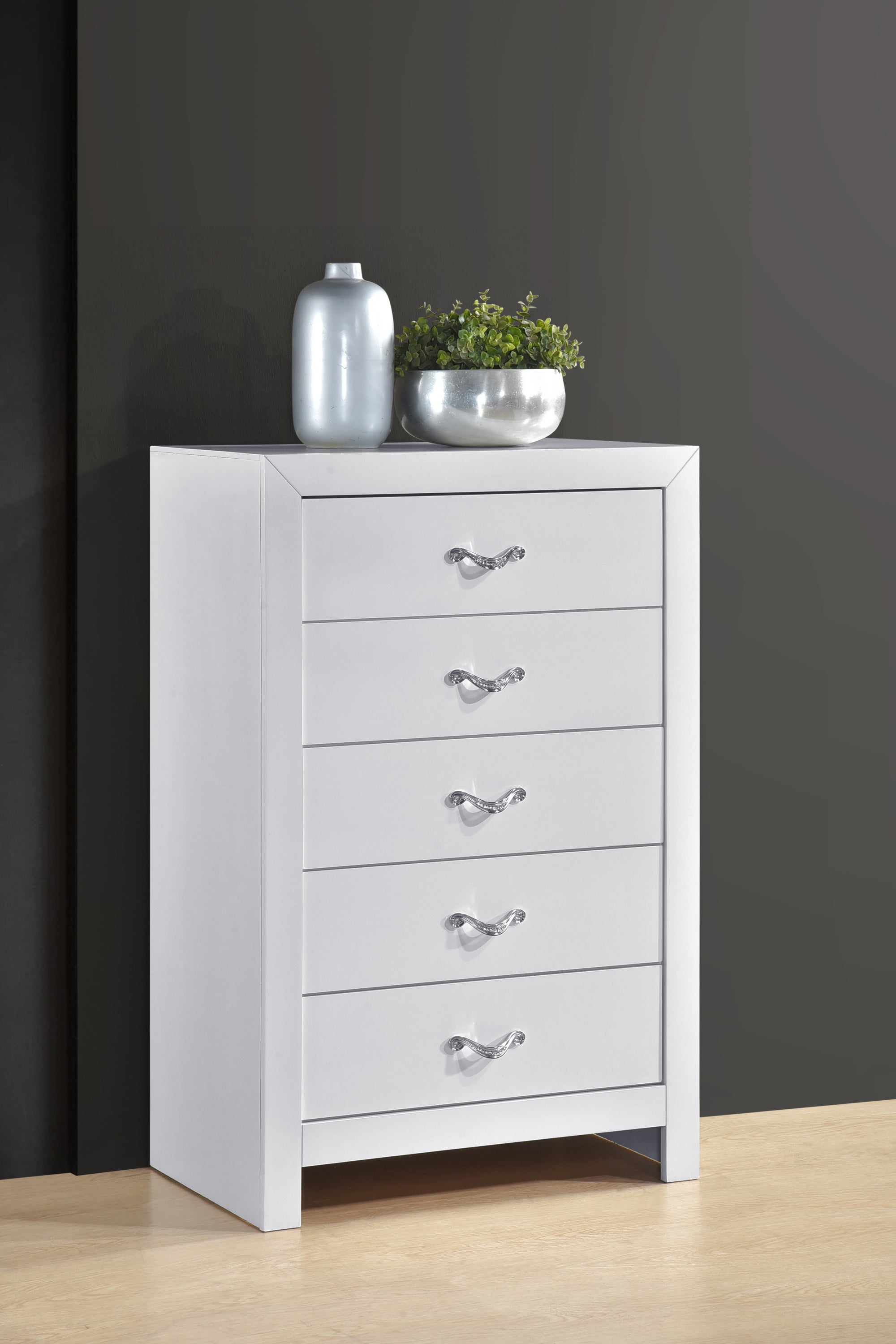 Moreland 5-Drawer White Wood Chest with Crystal-Style Handles