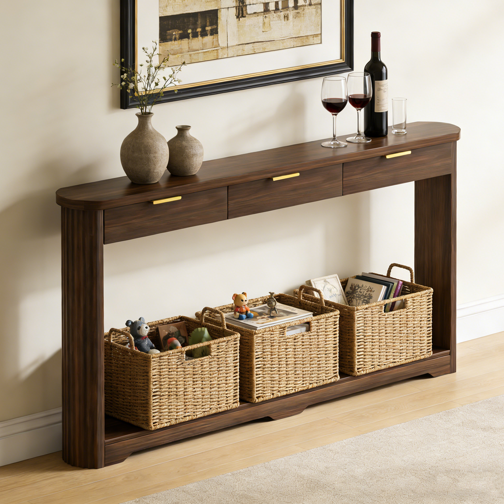Slim walnut console table with wavy-patterned legs, three drawers with gold pulls, and lower shelf with wicker baskets.