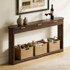 Slim walnut console table with wavy-patterned legs, three drawers with gold pulls, and lower shelf with wicker baskets.