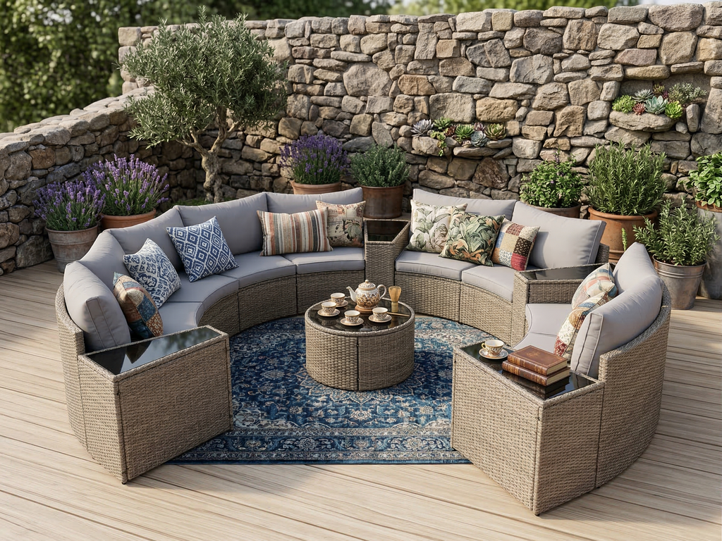 Light Gray Rattan Half-Moon Sectional 6-Seater Outdoor Patio Set