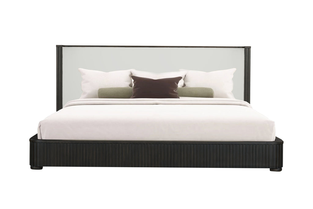 Clayten Beige Linen Queen Bed with Espresso Wood Frame