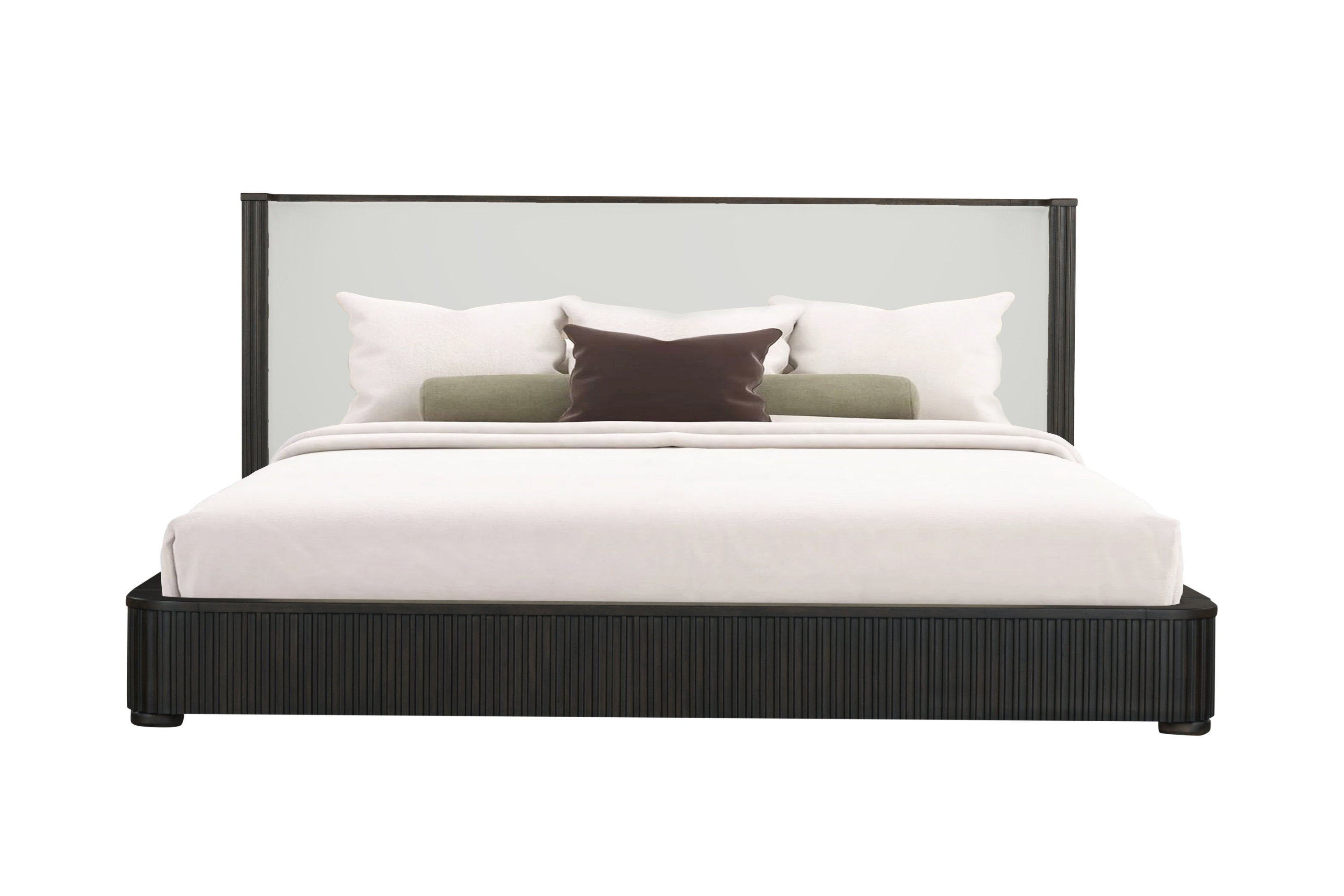 Clayten Beige Linen Queen Bed with Espresso Wood Frame