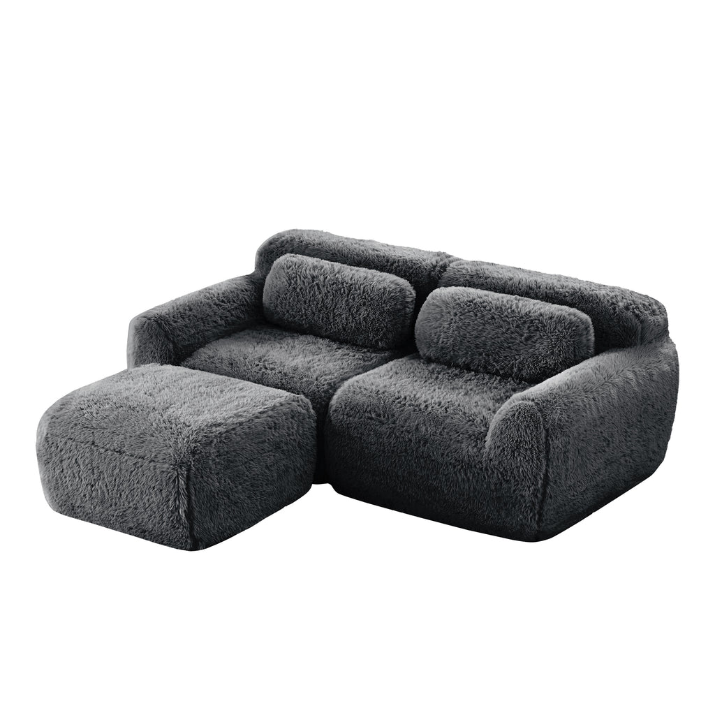 Dark grey L-Shaped Modular Plush Sectional Sofa with chaise, featuring soft ergonomic design and anti-slip base for modern interiors.