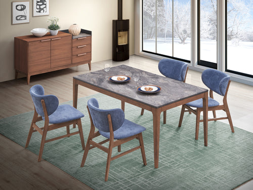 5-Piece Walnut Dining Set with Marble-Top and Blue Chairs in modern dining room. Features velvet upholstery and durable rubber wood frame.