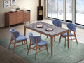 Mid-century 5-piece dining set with walnut-finish wood, gray marble-look tabletop, and blue upholstered curved chairs.