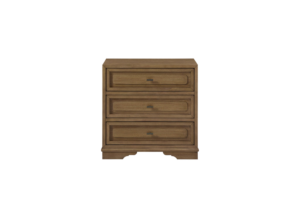 Almond-colored wood nightstand with three drawers, featuring traditional molding and small, minimalist metal pulls.