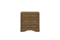 Almond-colored wood nightstand with three drawers, featuring traditional molding and small, minimalist metal pulls.