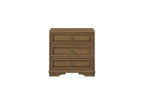 Almond-colored wood nightstand with three drawers, featuring traditional molding and small, minimalist metal pulls.