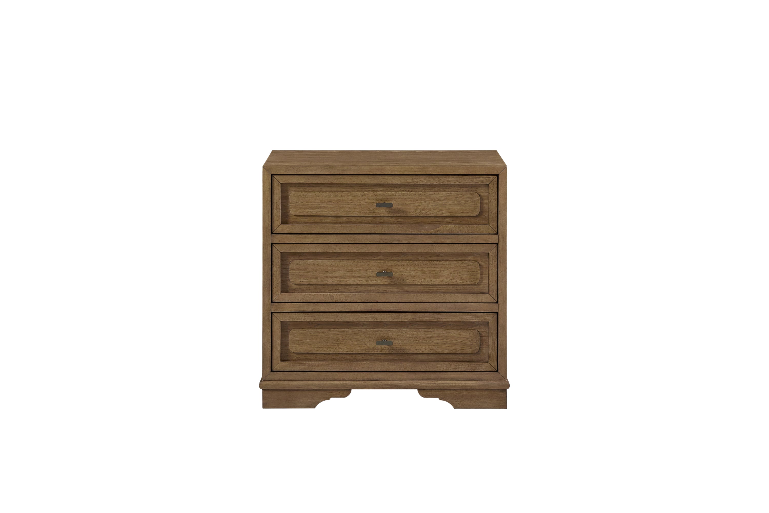 Almond-colored wood nightstand with three drawers, featuring traditional molding and small, minimalist metal pulls.