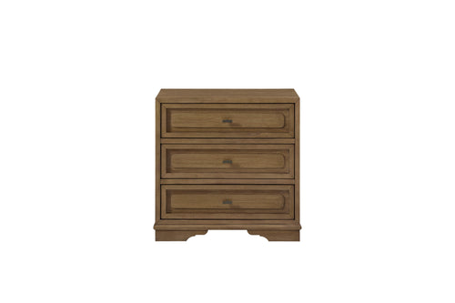 Almond-colored wood nightstand with three drawers, featuring traditional molding and small, minimalist metal pulls.