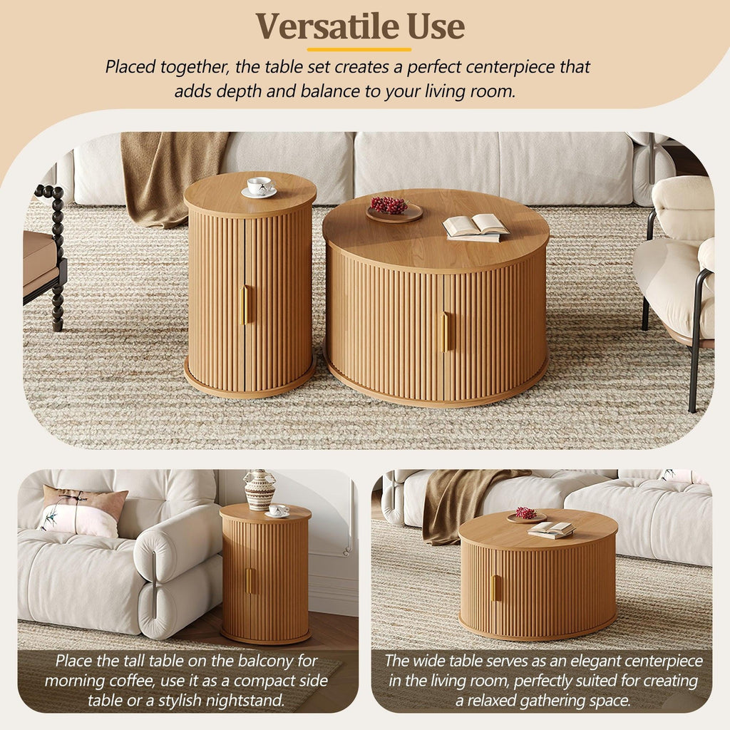 [Assembly Video]Mid-Century Coffee Table Set with Sliding Tambour Door, Round Fluted End Table With Storage, Golden Handle Tall & Low Side Table with Wooden Finish for Living Room, Set of Two ,Natural.