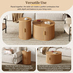 [Assembly Video]Mid-Century Coffee Table Set with Sliding Tambour Door, Round Fluted End Table With Storage, Golden Handle Tall & Low Side Table with Wooden Finish for Living Room, Set of Two ,Natural.