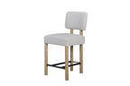 Angled view of upholstered stool set with oak finish, showcasing sleek design for contemporary bar or kitchen use.