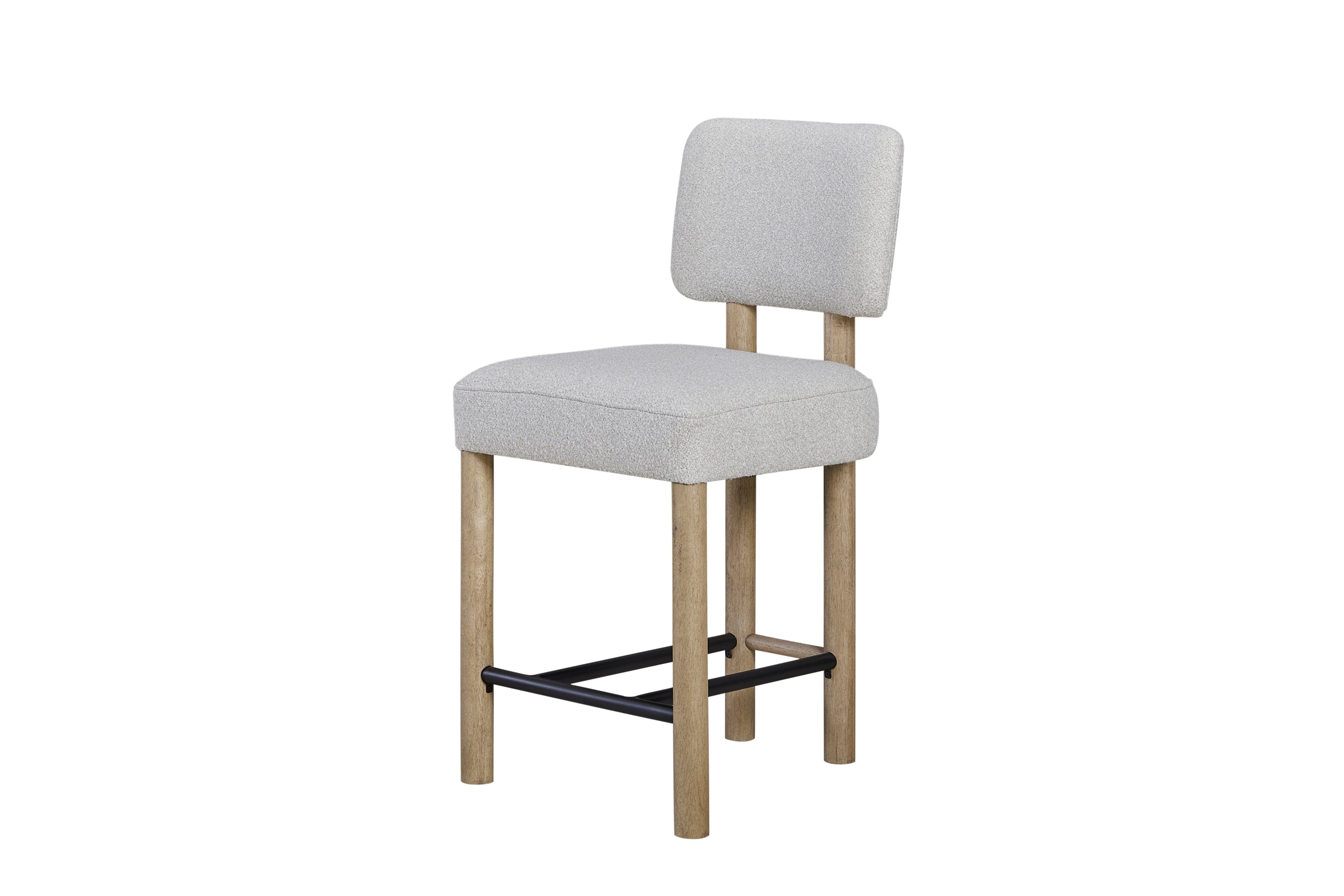 Angled view of upholstered stool set with oak finish, showcasing sleek design for contemporary bar or kitchen use.