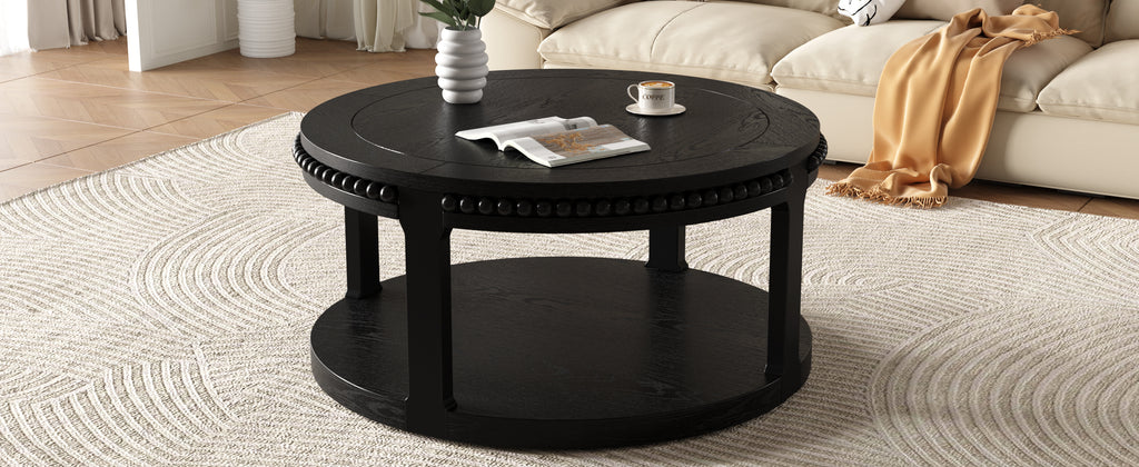 31.5 Inch Solid Wood Round Coffee Table for Living Room,2-Tier Rustic Wood Desktop with Storage Shelf Modern Design Home Furniture (Black)