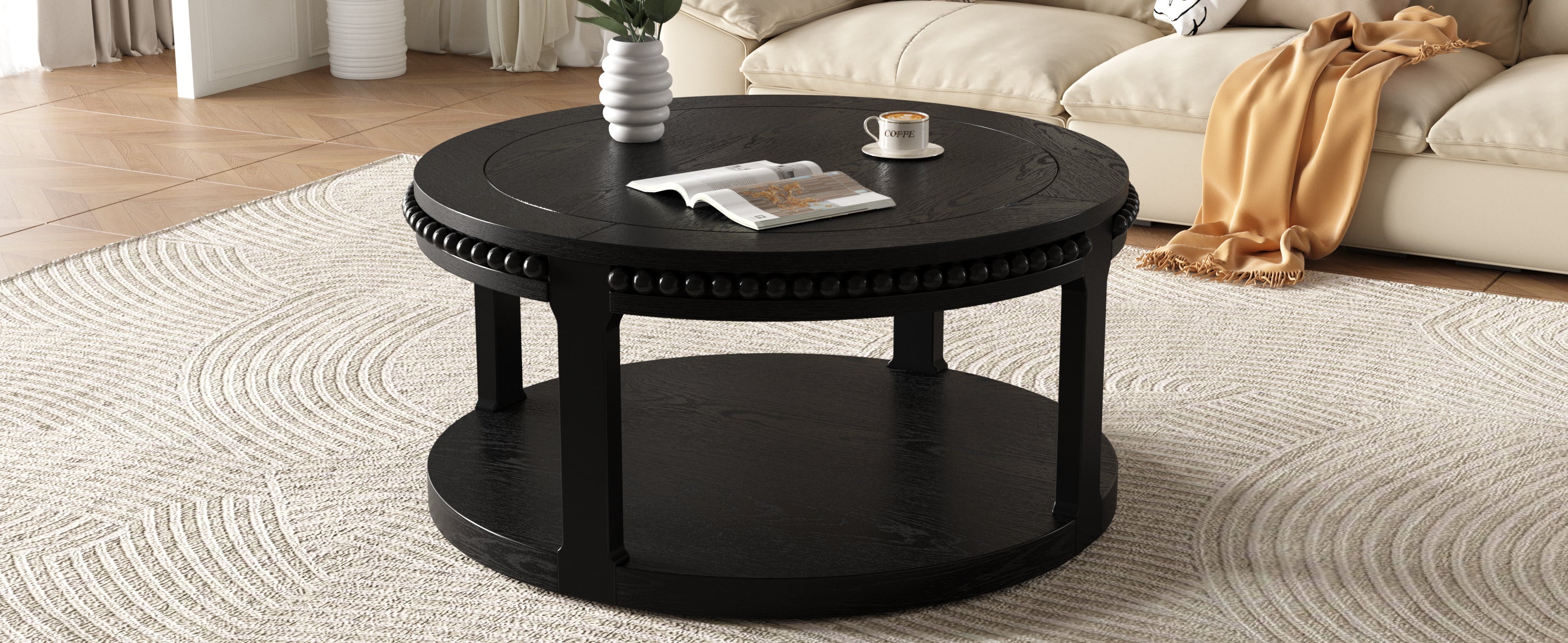 31.5 Inch Solid Wood Round Coffee Table for Living Room,2-Tier Rustic Wood Desktop with Storage Shelf Modern Design Home Furniture (Black)