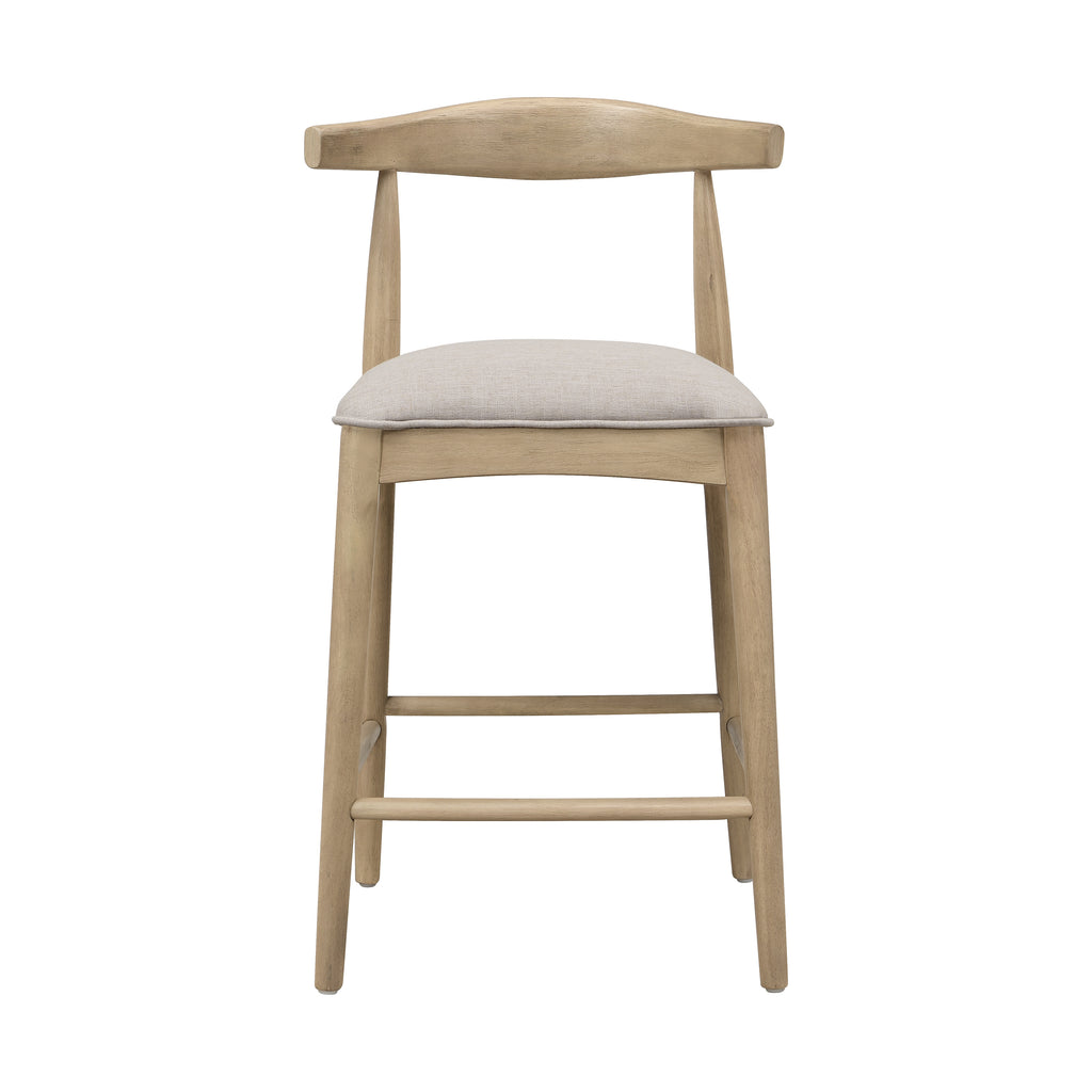 Front view of modern counter stool in pebble fabric with natural rubberwood frame, showcasing minimalist design and cushioned seat.