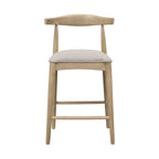 Front view of modern counter stool in pebble fabric with natural rubberwood frame, showcasing minimalist design and cushioned seat.